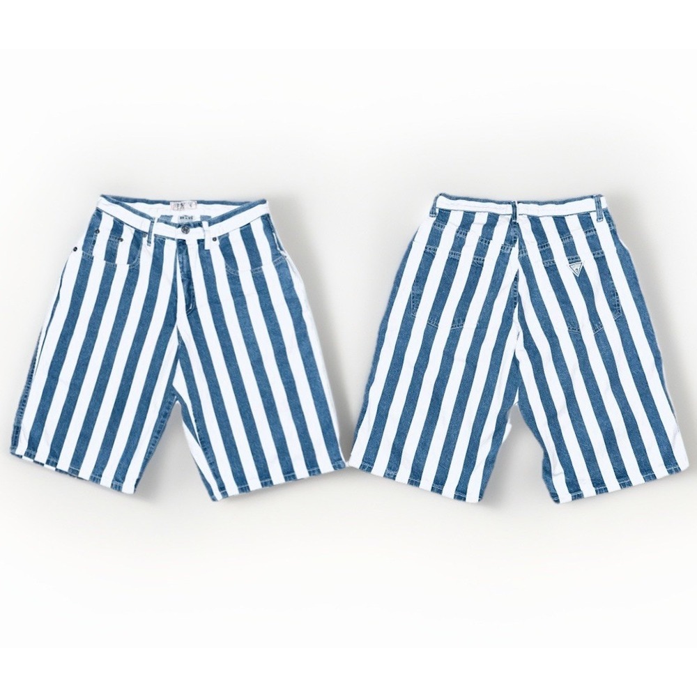 VTG Guess Marciano 90s White‎ Blue Hickory Stripe Jean Shorts 30" Denim Jorts